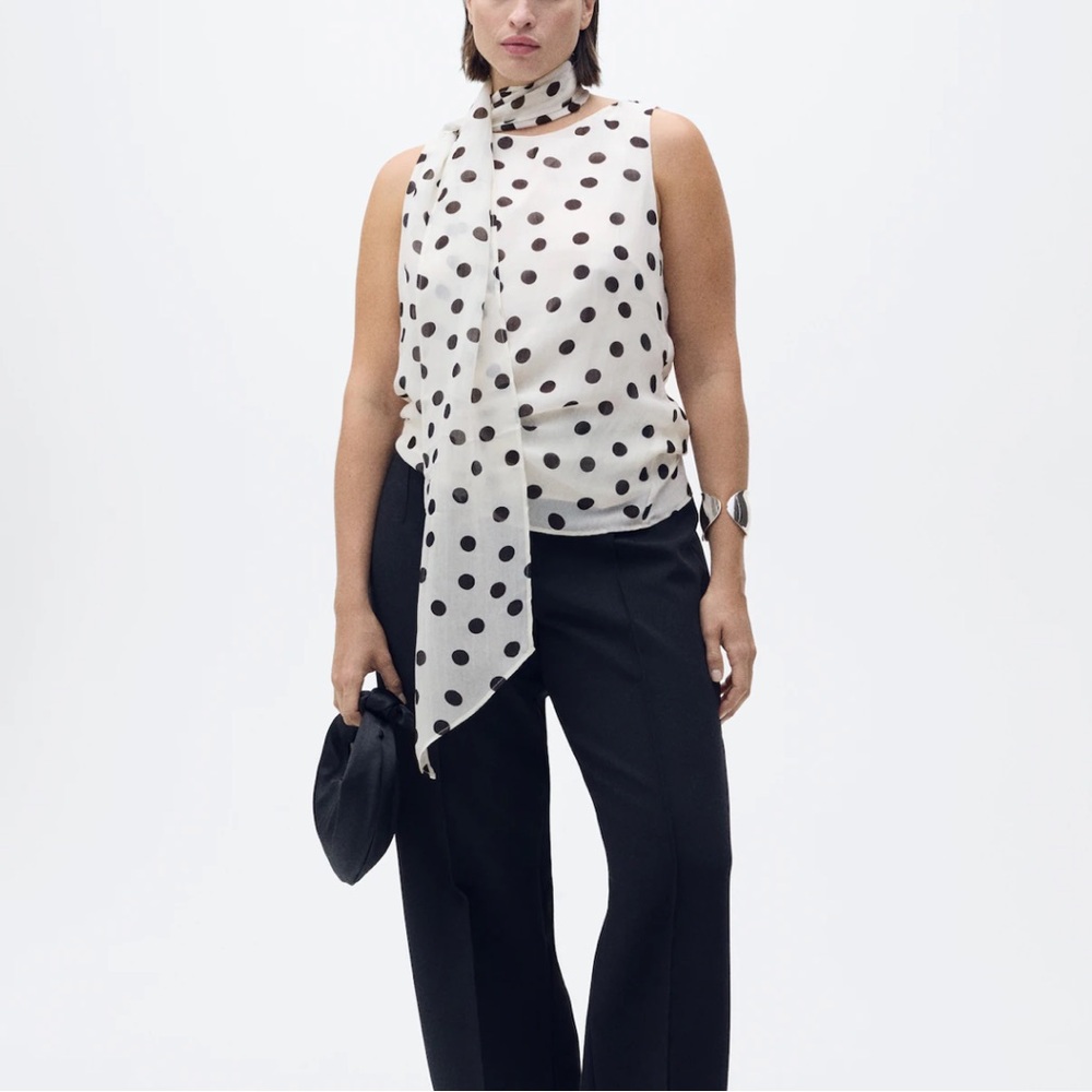 MANGO POLKA-DOT WRAP-NECK BLOUSE 🖤🤍